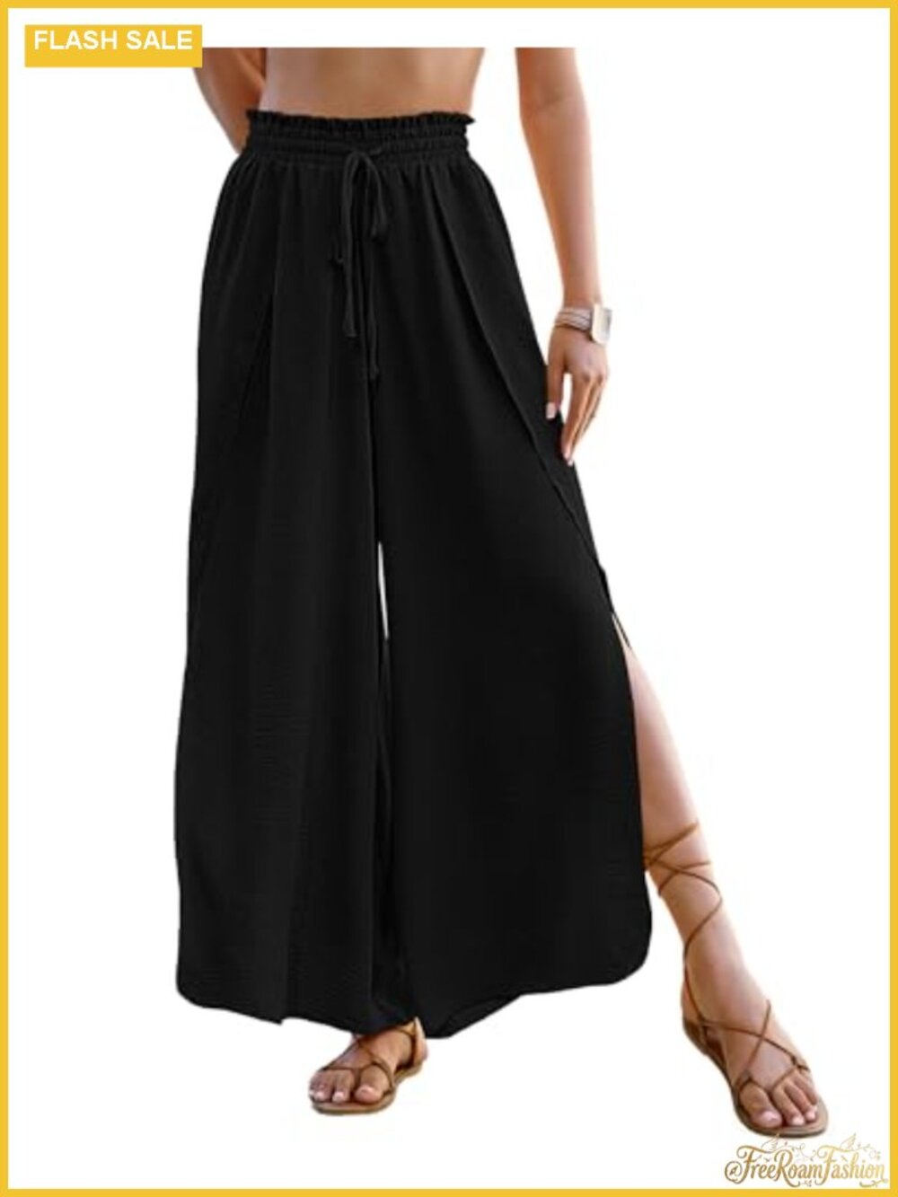 Side Slit Palazzo Pants Swimwear Cover Up with Ruffle Waist